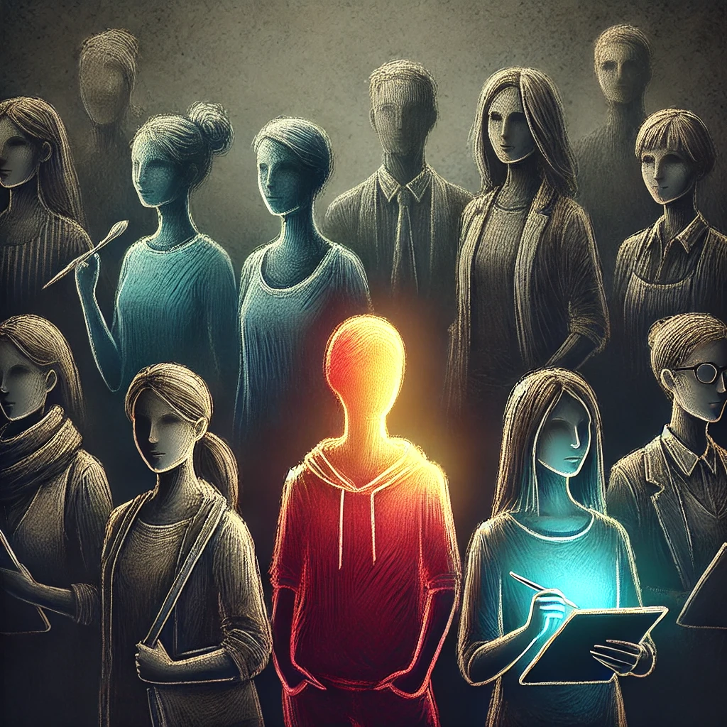 DALL·E 2024-09-20 12.26.34 – A subtle representation of a group of creative, graphic designer-like people in dark, shadowy tones blending into the background. One individual, whil